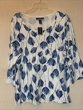 Karen Scott White Floral Scoop Neck Long Sleeve Top - Blue Bloom Print